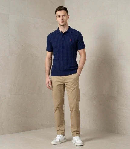 Ralph Lauran Cable Knit Short Selves Polo Navy Blue