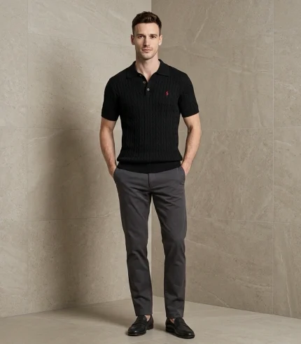 Ralph Lauran Cable Knit Short Selves Polo Black